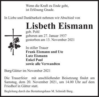 Traueranzeige von Lisbeth Eismann (geb. Pohl)  von Magdeburger Volksstimme