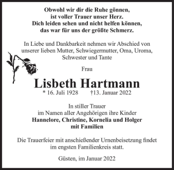 Traueranzeige von Lisbeth Hartmann  von Magdeburger Volksstimme