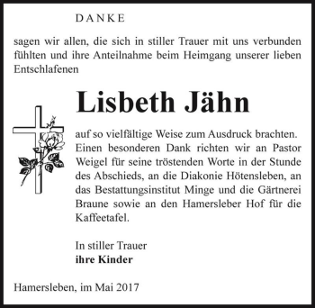 Traueranzeige von Lisbeth Jähn  von Magdeburger Volksstimme