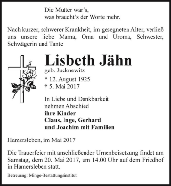 Traueranzeige von Lisbeth Jähn (geb. Jucknewitz)  von Magdeburger Volksstimme