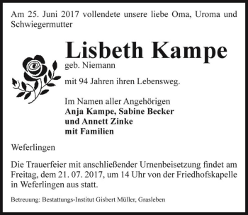 Traueranzeige von Lisbeth Kampe (geb. Niemann)  von Magdeburger Volksstimme