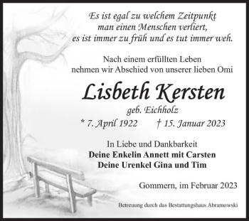 Traueranzeige von Lisbeth Kersten (geb. Eichholz)  von Magdeburger Volksstimme