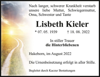Traueranzeige von Lisbeth Kieler  von Magdeburger Volksstimme