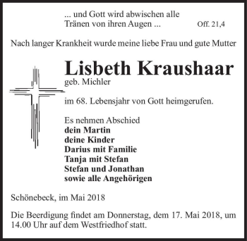 Traueranzeige von Lisbeth Kraushaar (geb. Michler)  von Magdeburger Volksstimme