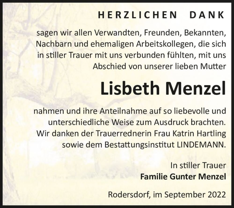  Traueranzeige für Lisbeth Menzel  vom 24.09.2022 aus Magdeburger Volksstimme