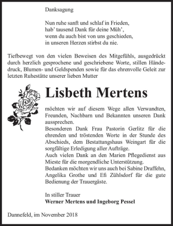 Traueranzeige von Lisbeth Mertens  von Magdeburger Volksstimme