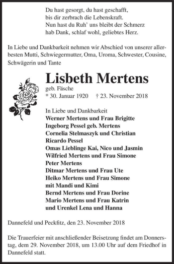 Traueranzeige von Lisbeth Mertens (geb. Fäsche)  von Magdeburger Volksstimme