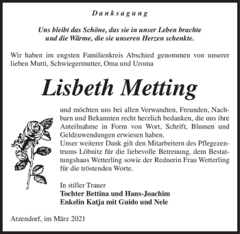 Traueranzeige von Lisbeth Metting  von Magdeburger Volksstimme