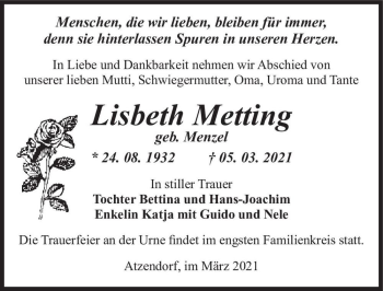 Traueranzeige von Lisbeth Metting (geb. Menzel)  von Magdeburger Volksstimme