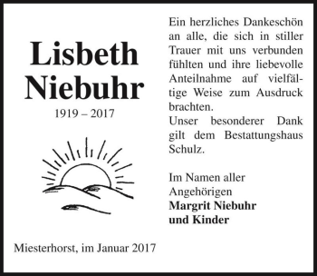Traueranzeige von Lisbeth Niebuhr  von Magdeburger Volksstimme