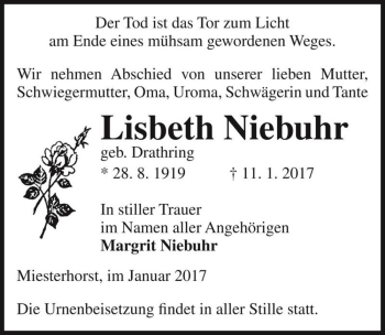 Traueranzeige von Lisbeth Niebuhr (geb. Drathring)  von Magdeburger Volksstimme