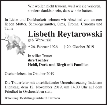 Traueranzeige von Lisbeth Reytarowski (geb. Werwitzki)  von Magdeburger Volksstimme