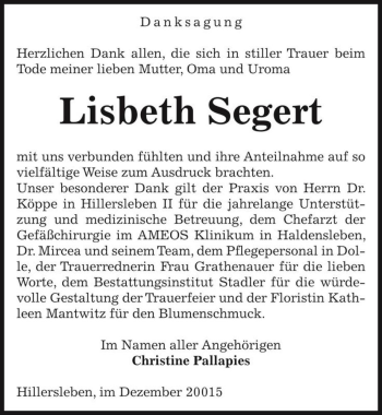 Traueranzeige von Lisbeth Segert  von Magdeburger Volksstimme