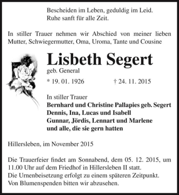 Traueranzeige von Lisbeth Segert (geb. General)  von Magdeburger Volksstimme