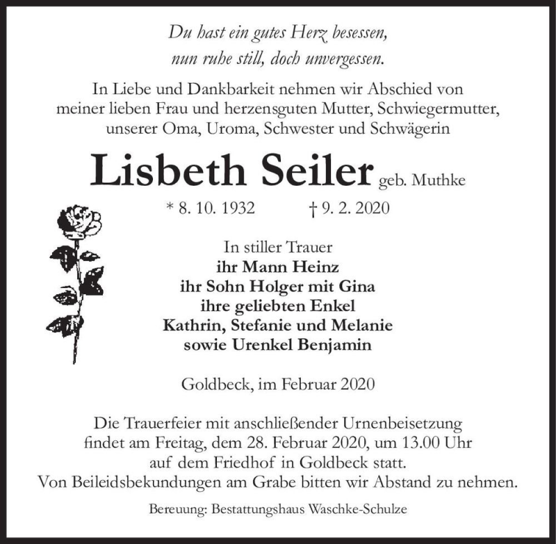  Traueranzeige für Lisbeth Seiler (geb. Muthke)  vom 15.02.2020 aus Magdeburger Volksstimme