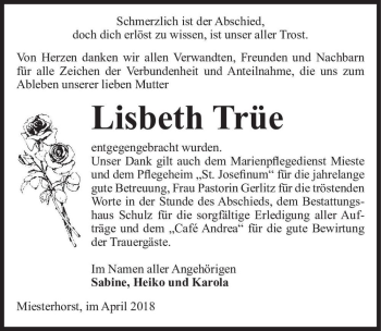 Traueranzeige von Lisbeth Trüe  von Magdeburger Volksstimme