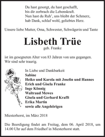 Traueranzeige von Lisbeth Trüe (geb. Franke)  von Magdeburger Volksstimme