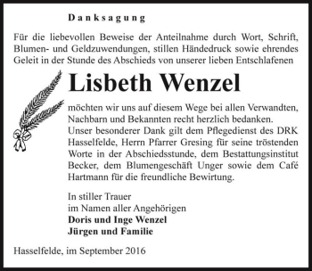 Traueranzeige von Lisbeth Wenzel  von Magdeburger Volksstimme
