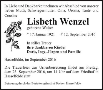 Traueranzeige von Lisbeth Wenzel (geb. Wolter)  von Magdeburger Volksstimme