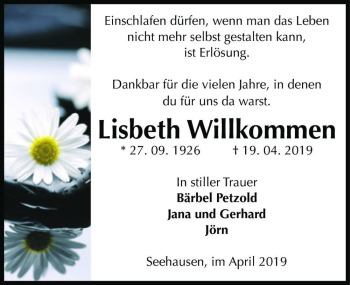 Traueranzeige von Lisbeth Willkommen  von Magdeburger Volksstimme