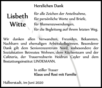 Traueranzeige von Lisbeth Witte  von Magdeburger Volksstimme