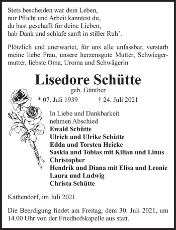 Traueranzeige von Lisdore Schütte (geb. Günther)  von Magdeburger Volksstimme