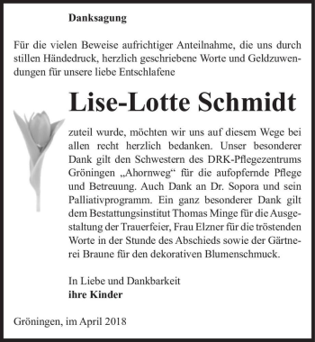 Traueranzeige von Lise-Lotte Schmidt  von Magdeburger Volksstimme