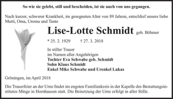 Traueranzeige von Lise-Lotte Schmidt (geb. Böhmer)  von Magdeburger Volksstimme