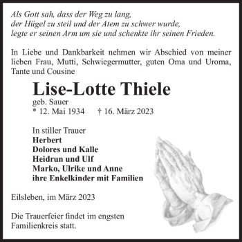 Traueranzeige von Lise-Lotte Thiele (geb. Sauer)  von Magdeburger Volksstimme