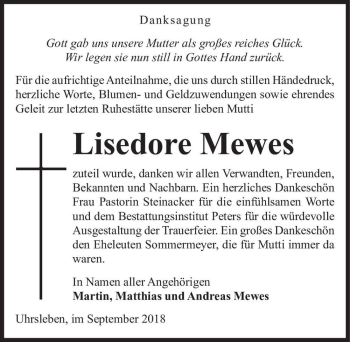 Traueranzeige von Lisedore Mewes  von Magdeburger Volksstimme
