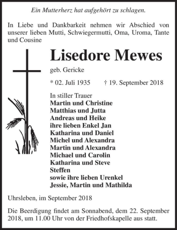Traueranzeige von Lisedore Mewes (geb. Gericke)  von Magdeburger Volksstimme