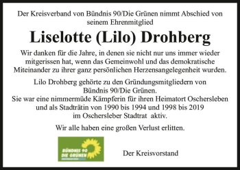 Traueranzeige von Liselotte (Lilo) Drohberg  von Magdeburger Volksstimme