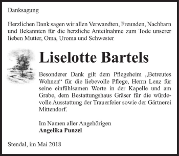 Traueranzeige von Liselotte Bartels  von Magdeburger Volksstimme