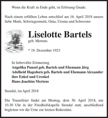 Traueranzeige von Liselotte Bartels (geb. Mertens)  von Magdeburger Volksstimme
