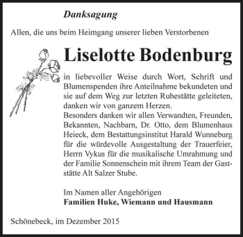 Traueranzeige von Liselotte Bodenburg  von Magdeburger Volksstimme