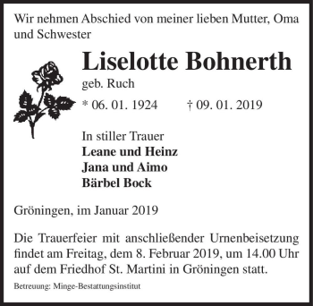 Traueranzeige von Liselotte Bohnerth (geb. Ruch)  von Magdeburger Volksstimme