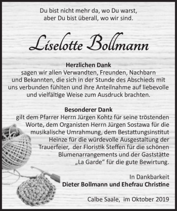Traueranzeige von Liselotte Bollmann  von Magdeburger Volksstimme