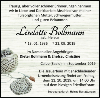 Traueranzeige von Liselotte Bollmann (geb. Herzog)  von Magdeburger Volksstimme