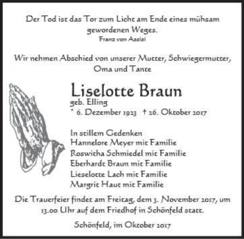 Traueranzeige von Liselotte Braun (geb. Elling)  von Magdeburger Volksstimme