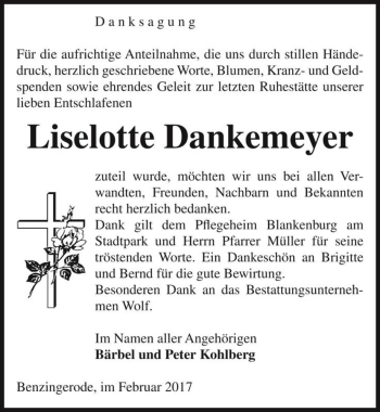 Traueranzeige von Liselotte Dankemeyer  von Magdeburger Volksstimme