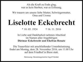 Traueranzeige von Liselotte Eckebrecht  von Magdeburger Volksstimme