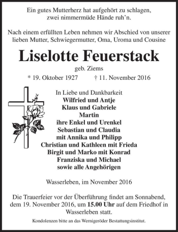 Traueranzeige von Liselotte Feuerstack (geb. Ziems)  von Magdeburger Volksstimme