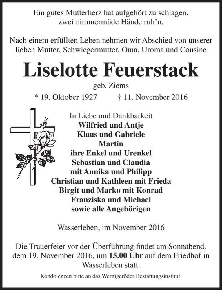  Traueranzeige für Liselotte Feuerstack (geb. Ziems)  vom 16.11.2016 aus Magdeburger Volksstimme