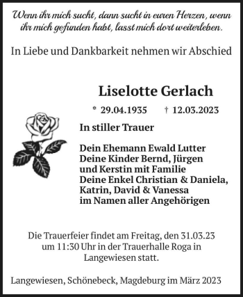 Traueranzeige von Liselotte Gerlach  von Magdeburger Volksstimme