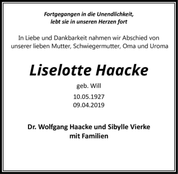 Traueranzeige von Liselotte Haacke (geb. Will)  von Magdeburger Volksstimme