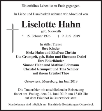 Traueranzeige von Liselotte Hahn (geb. Niewerth)  von Magdeburger Volksstimme