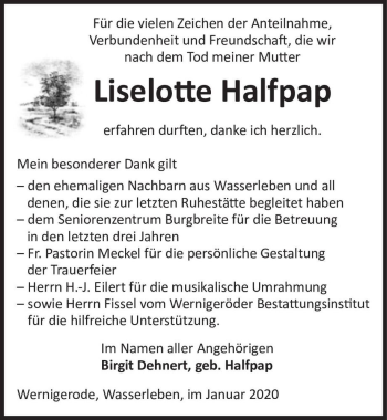 Traueranzeige von Liselotte Halfpap  von Magdeburger Volksstimme