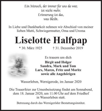 Traueranzeige von Liselotte Halfpap  von Magdeburger Volksstimme