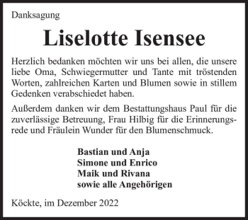 Traueranzeige von Liselotte Isensee  von Magdeburger Volksstimme