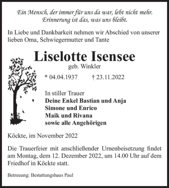 Traueranzeige von Liselotte Isensee (geb. Winkler)  von Magdeburger Volksstimme